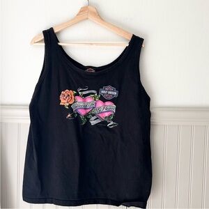 Vintage Harley-Davidson Black Tank with Pink Heart Graphic women’s large